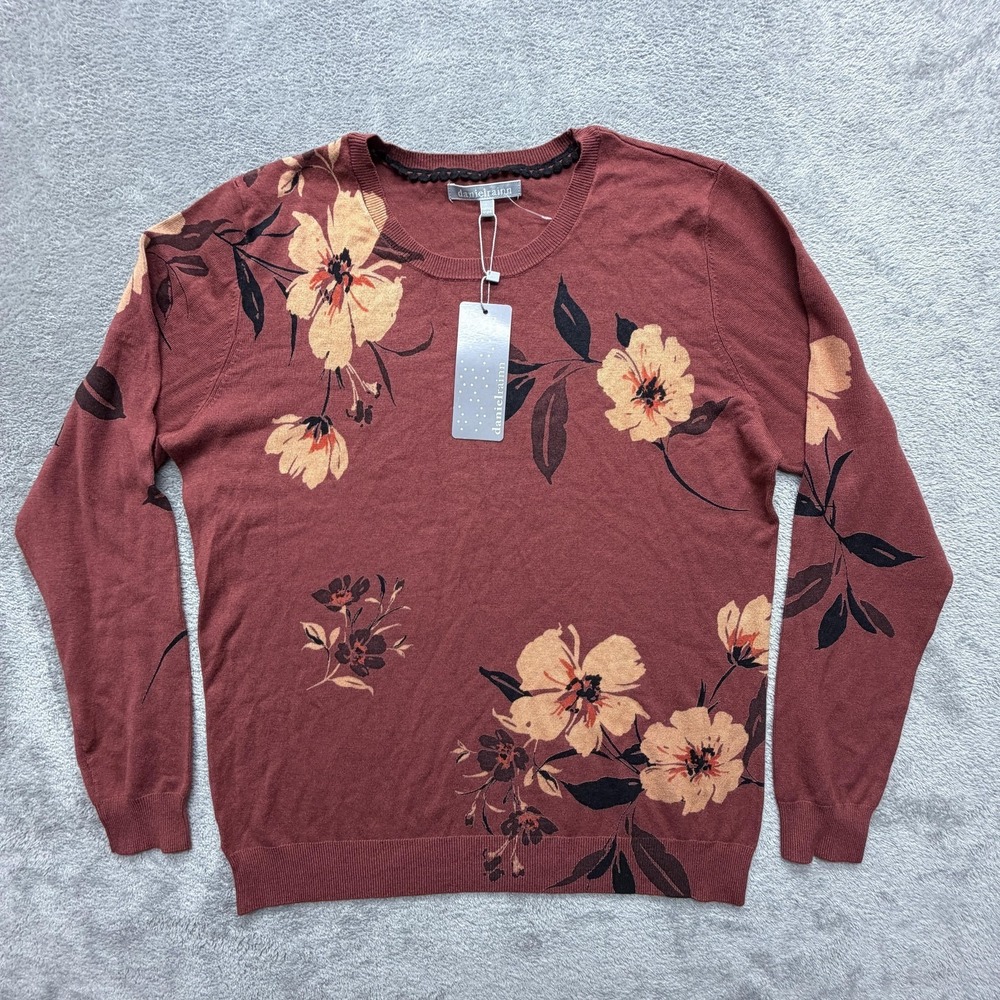 Daniel Rainn Sweater Womens Large Red Floral Crew Neck Long Sleeve Knit Pullover